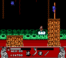 Conquest of the Crystal Palace (NES) screenshot: Riding a cloud across a gap in the floor