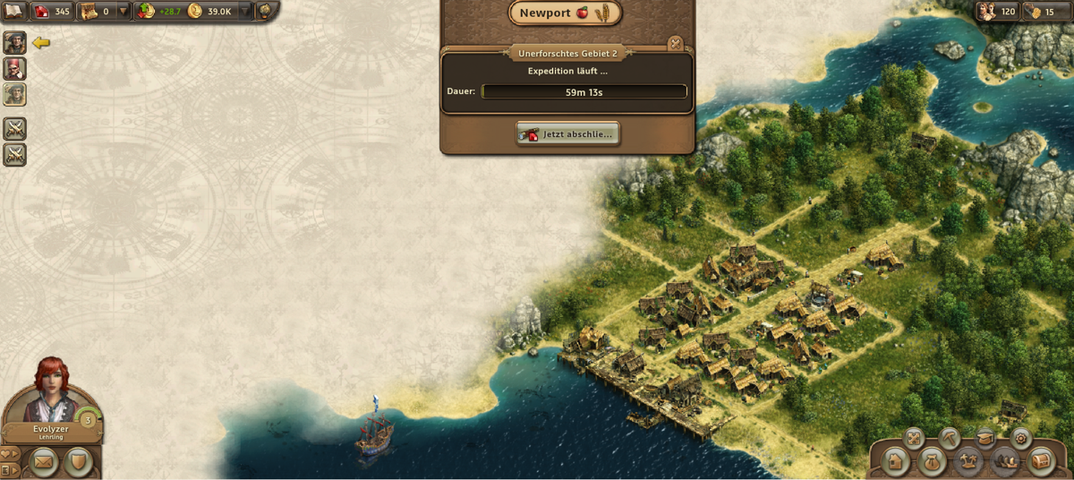 Anno Online (Browser) screenshot: Exploring an unexplored section of the island
