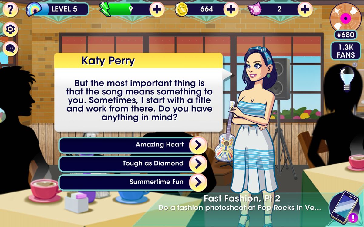 Katy Perry: Pop (Android) screenshot: Katy helps out with the song title.