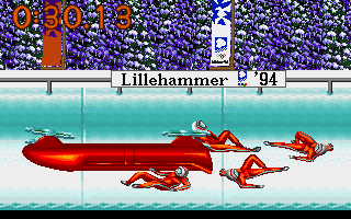 Winter Olympics: Lillehammer '94 (DOS) screenshot: 4 men bob collision