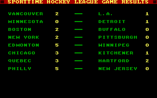 Superstar Ice Hockey (DOS) screenshot: After each game other game results are displayed as well as your own (EGA).