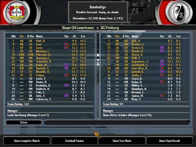 Total Club Manager 2004 (Windows) screenshot: Comparing teams before the match. Looks easy enough.