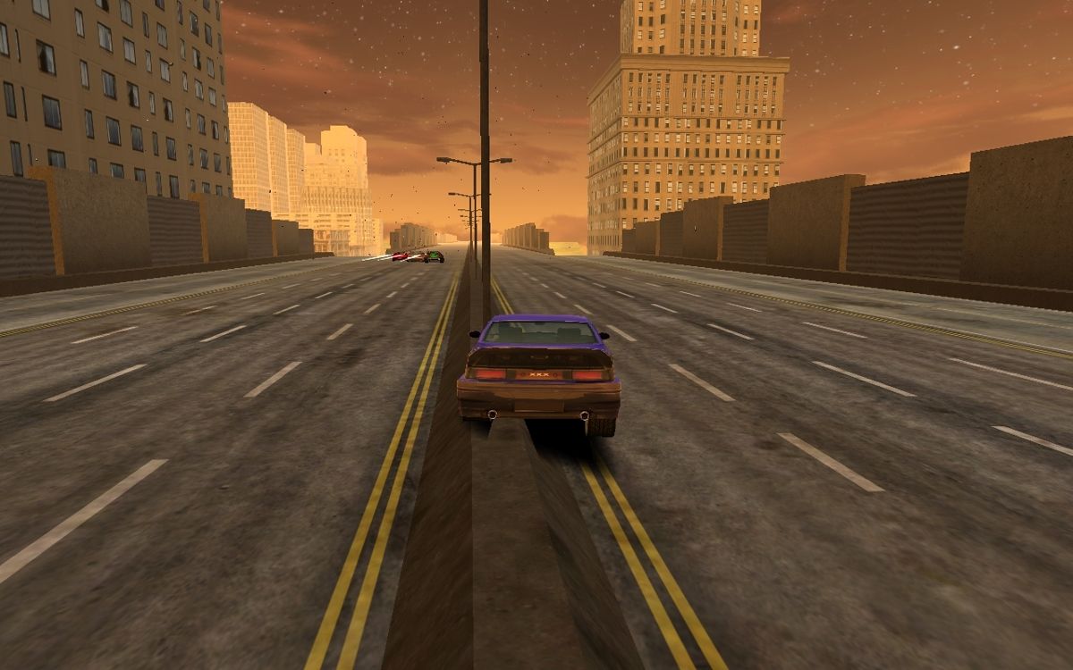 Amsterdam Street Racer (Windows) screenshot: One of the drag race routes. The AI cars are fighting each other and racing into oncoming traffic. It's gotta be easier to race on the right side of the road hasn't it