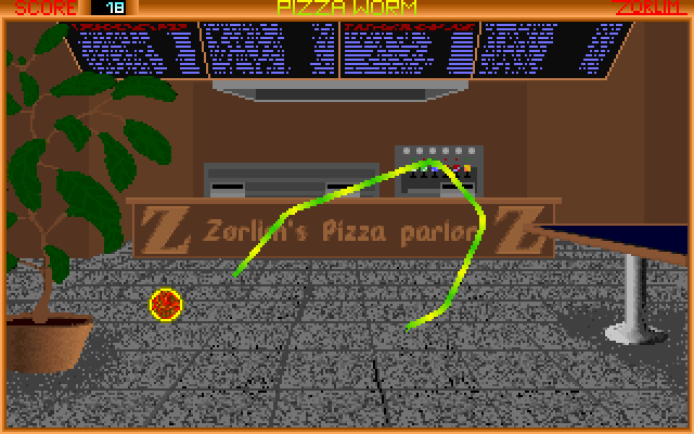 Pizza Worm (DOS) screenshot: The more pizza you eat, the longer you get...