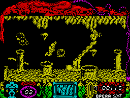 Mutan Zone (ZX Spectrum) screenshot: Spaceman cannot walk past that crater / column and must jump. He cannot maneuver while in the air so must take a run at it and jump while moving