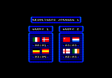 Michel Futbol Master + Super Skills (Amstrad CPC) screenshot: Day 1 results for group 1 and 2
