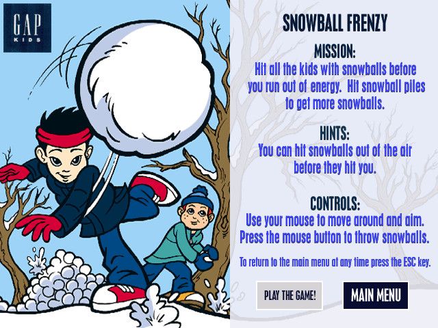 Snow Day: The GapKids Quest (Windows) screenshot: Snowball Frenzy instruction screen