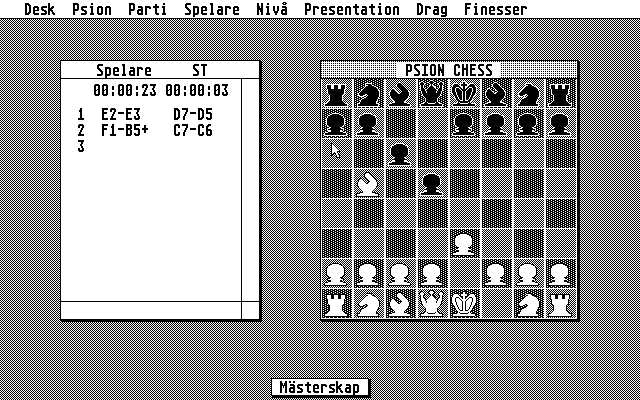 Psion Chess (Atari ST) screenshot: Playing on 2D board (mono)