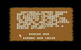 Defender of the Crown (Commodore 64) screenshot: A Saxon maiden has been kidnapped!