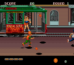 DJ Boy (Genesis) screenshot: In the second part of the first stage, a girl throws bombs into your path.