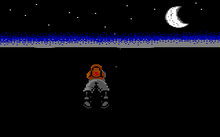 Rocket Ranger (Commodore 64) screenshot: Soaring over the desert at night.