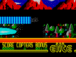 Airwolf (ZX Spectrum) screenshot: Crashed into some moving barrier.