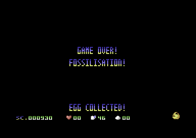 Cavemania (Commodore 64) screenshot: Ug has been fossilized