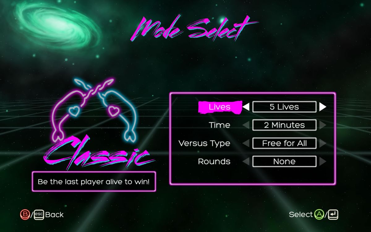 Starwhal (Windows) screenshot: Options for the Classic game mode