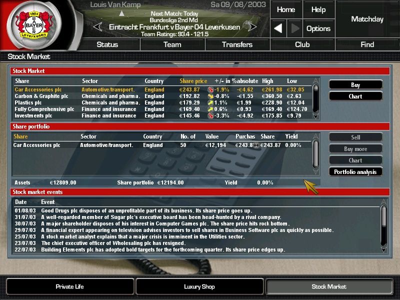Total Club Manager 2004 (Windows) screenshot: Once the paychecks start rolling in it's possible to buy some luxury commodities, as well as try to get rich from the stock market.