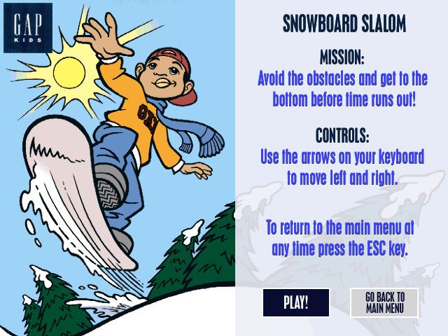Snow Day: The GapKids Quest (Windows) screenshot: Snowboard Slalom instruction screen