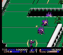 Isolated Warrior (NES) screenshot: Game action; hero has shield powerup