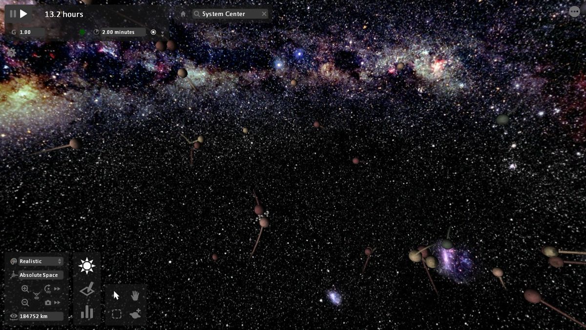 Universe Sandbox (Windows) screenshot: Running a colliding moon simulation