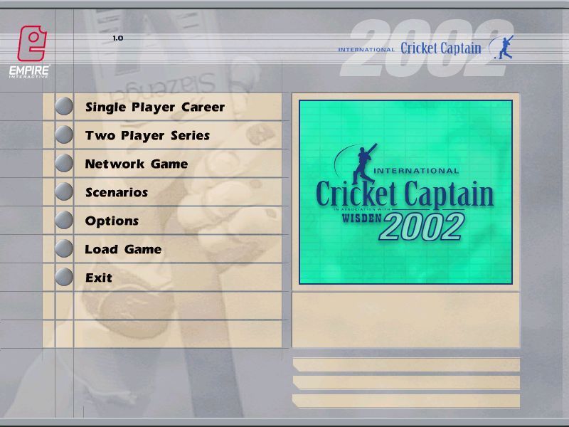 International Cricket Captain 2002 (Windows) screenshot: There's an introductory video sequence which mixes video footage and graphics. This is followed by the main menu