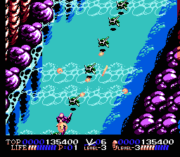 Isolated Warrior (NES) screenshot: The second level has the hero moving up the river on a jet pack
