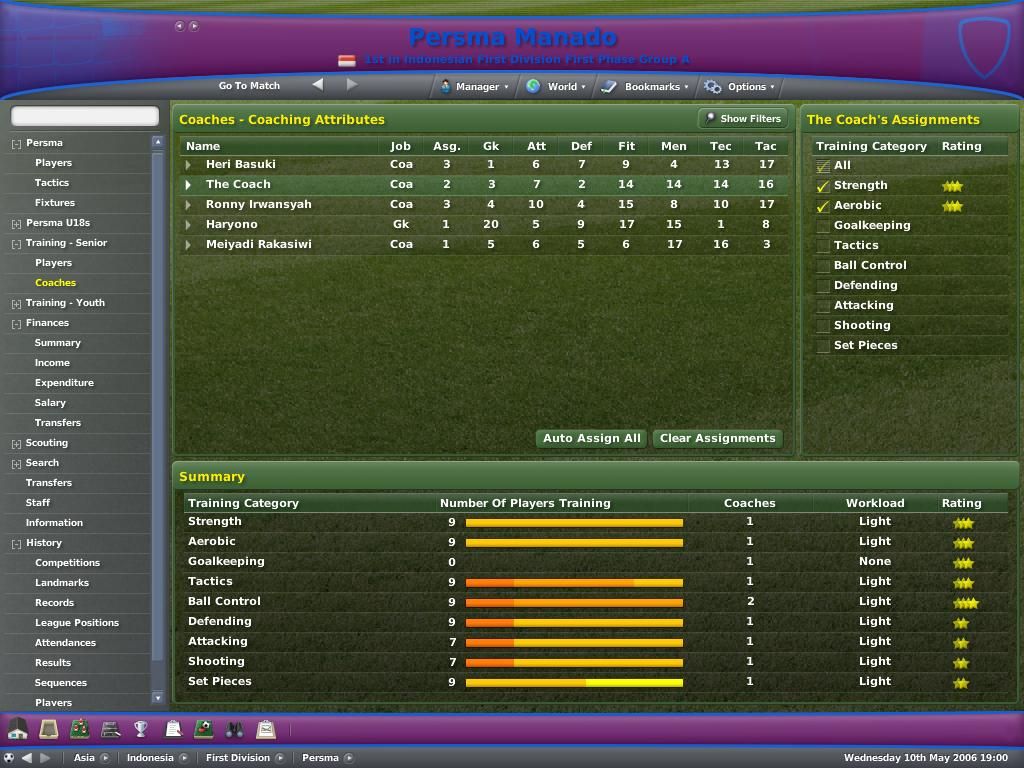 Worldwide Soccer Manager 2007 (Windows) screenshot: Team Training - Manage training specialization by your team coaches.