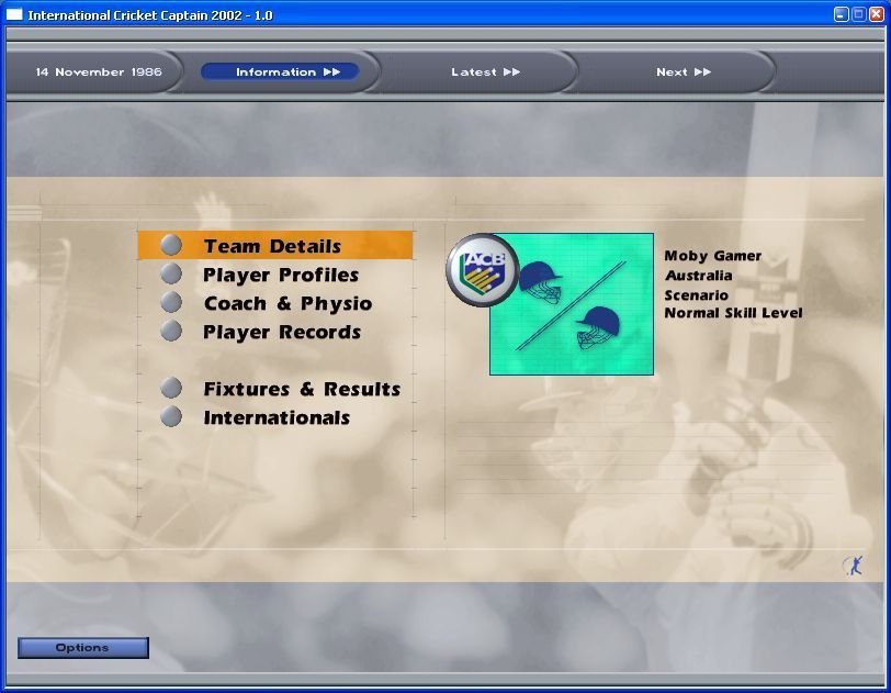 International Cricket Captain 2002 (Windows) screenshot: Here the player has selected the 1986 Australia v England Scenario. They have signed in as Moby Gamer and now have access to all the team stats and configuration options