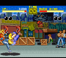 Fatal Fury (SNES) screenshot: Round 1: Duck King attacks with a move remniscent of Blanka from Street Fighter 2