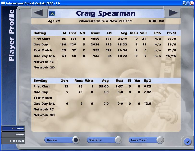 International Cricket Captain 2002 (Windows) screenshot: Stats, Stats and more stats, these are the figures for one of Gloucestershire's players. There's another screen personal details and a photo