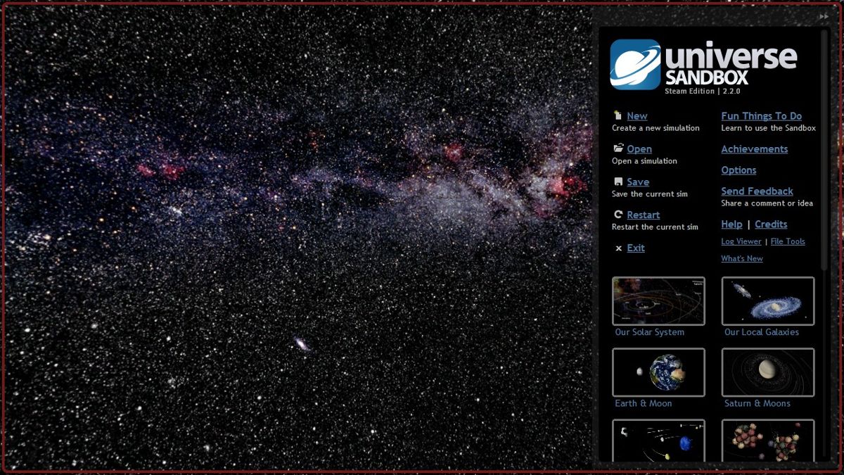 Universe Sandbox (Windows) screenshot: Title screen with the main menu