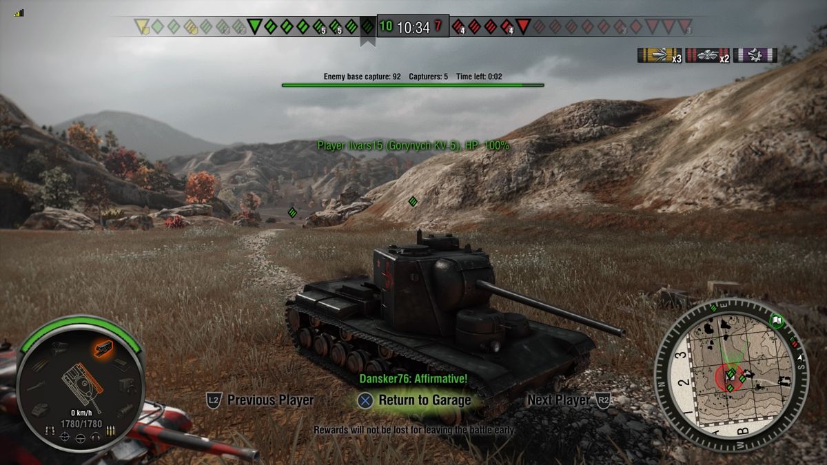 World of Tanks: Monster Mega Bundle (PlayStation 4) screenshot: Switching camera to an allied Gorynych KV-5 tank after my tank got destroyed