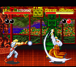 Fatal Fury (SNES) screenshot: Geese Howard and Andy Bogard launching projectiles against each other