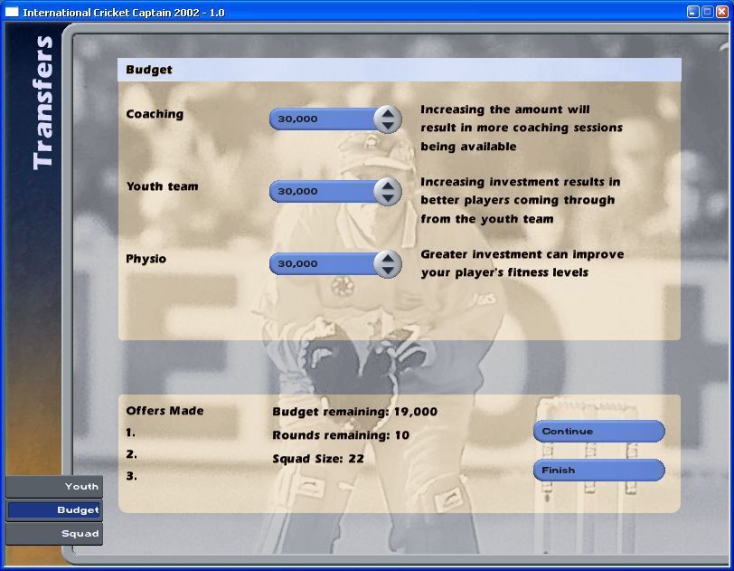 International Cricket Captain 2002 (Windows) screenshot: Managing the team also involves setting budgets, managing revenue, buying & selling players etc