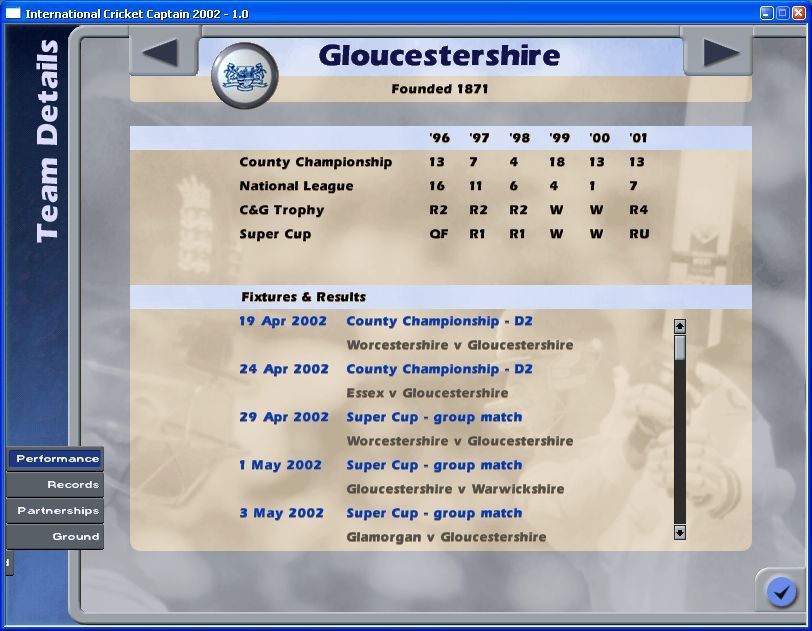 International Cricket Captain 2002 (Windows) screenshot: The full game involves playing every match in the season