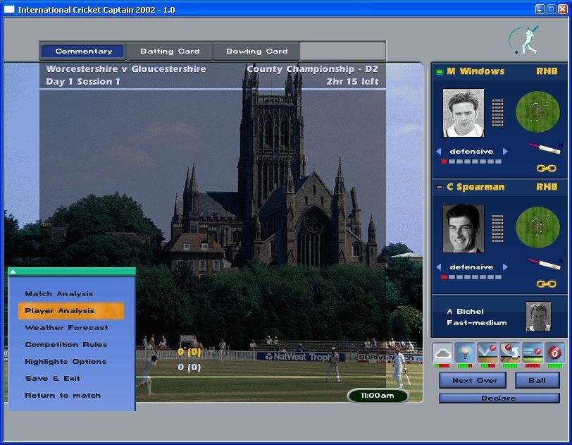 International Cricket Captain 2002 (Windows) screenshot: Gloucestershire's first match is against Worcestershire is about to begin. There's a small menu bar in the lower left corner that brings up in-game options