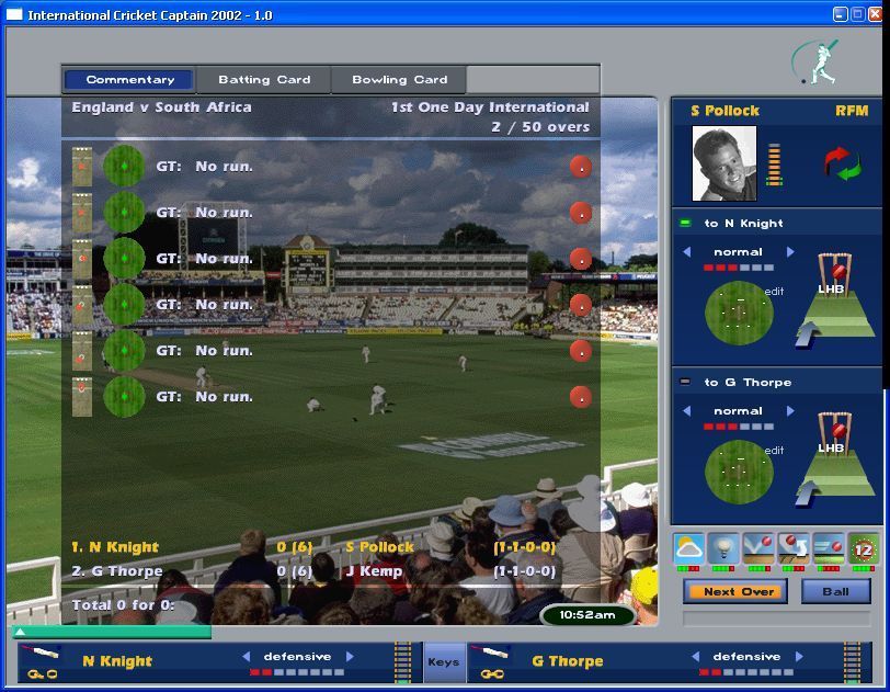 International Cricket Captain 2002 (Windows) screenshot: Playing a one day international, England vs South Africa