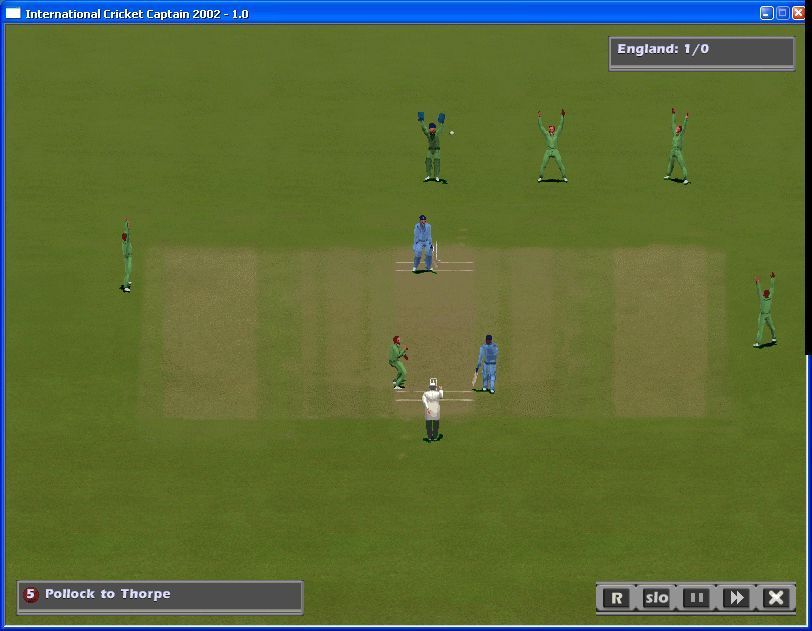 International Cricket Captain 2002 (Windows) screenshot: Playing a one day international, England vs South Africa, There's is a huge call for a dismissal and the umpire agrees