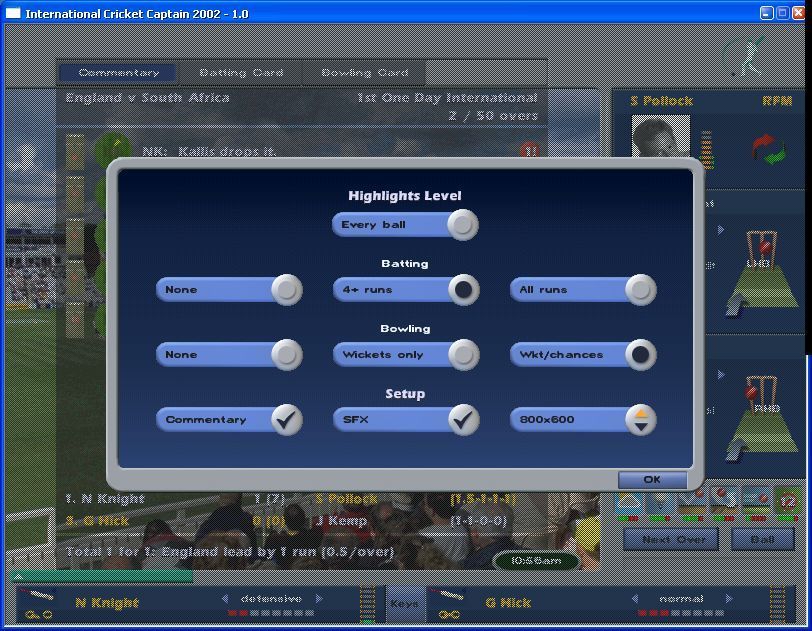 International Cricket Captain 2002 (Windows) screenshot: The animated sequences are optional and this is the screen where the player decides what they want to see