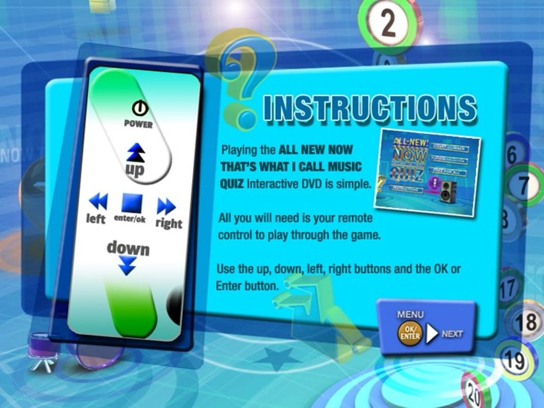 All-New Now That's What I Call A Music Quiz 2 (DVD Player) screenshot: This is the first of many instruction screens. Though there is little narration elsewhere in the game all the text on the instruction screens is spoken