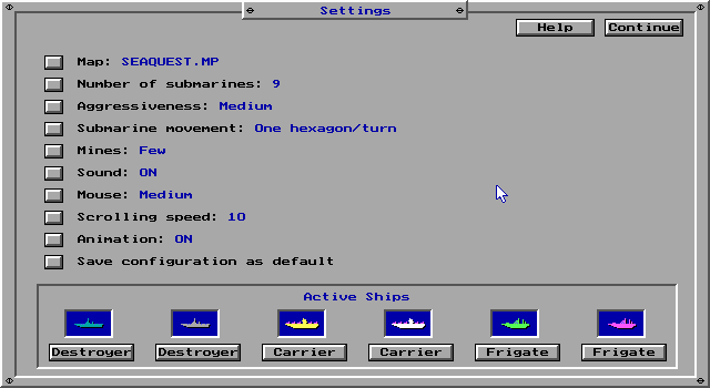 Sea Quest (DOS) screenshot: Setup screen for starting a new game.