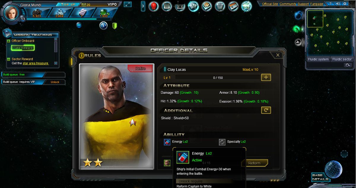 Star Trek: Alien Domain (Browser) screenshot: You can train and reform (i.e. raise the level cap) your captains. A good captain on a flagship can increase your power dramatically.