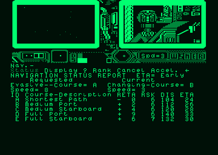 Psi 5 Trading Co. (Amstrad PCW) screenshot: My navigation robot needs a very long to to accellerate