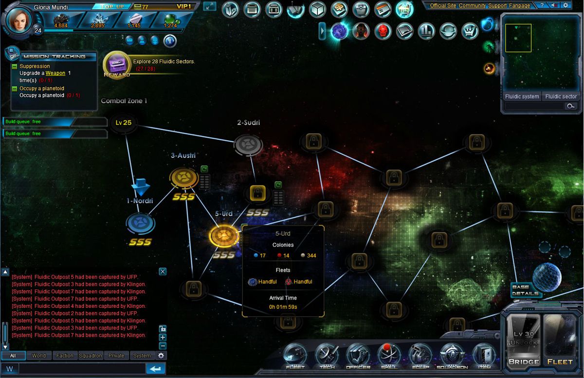 Star Trek: Alien Domain (Browser) screenshot: Fluidic realm is the overall area where you operate and it contains many fluidic sectors. The further you go from your home sector the harder the battles.