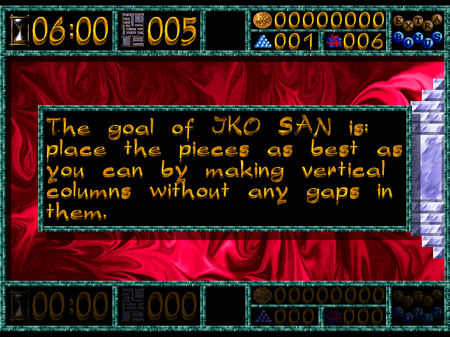 Iko San (DOS) screenshot: At the start of the first level, you're explained that the game is essentially horizontal <i>Tetris</i>.