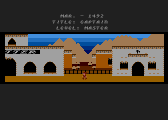 The Seven Cities of Gold (Atari 8-bit) screenshot: Setting off for the docks.