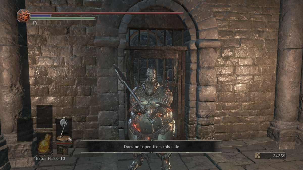 Dark Souls III: The Ringed City (Windows) screenshot: Ahh, those words... What they actually mean - the door WILL open from the OTHER side!..