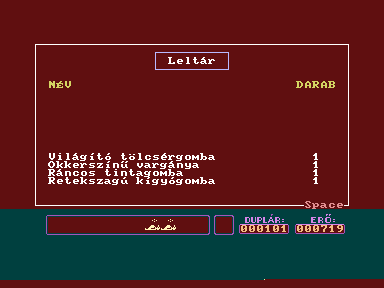 Csavargás a gombák birodalmában (Commodore 16, Plus/4) screenshot: Contents of your basket. By the way you are raising money to buy a supercomputer.