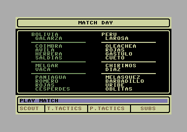 Tracksuit Manager (Commodore 64) screenshot: At the mid-game. Bolivia leads, 1 to 0.