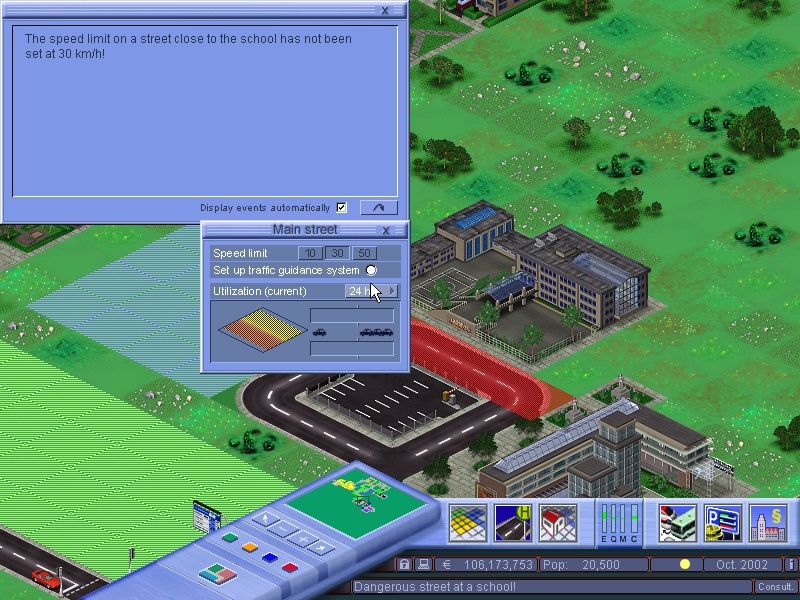 Mobility: A City in Motion (Windows) screenshot: Schools require slower streets, so they should be placed in somewhat retracted streets