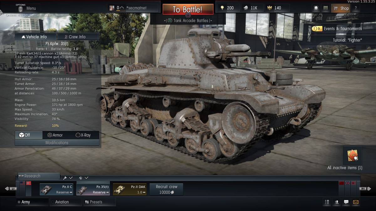 War Thunder (PlayStation 4) screenshot: Tank garage