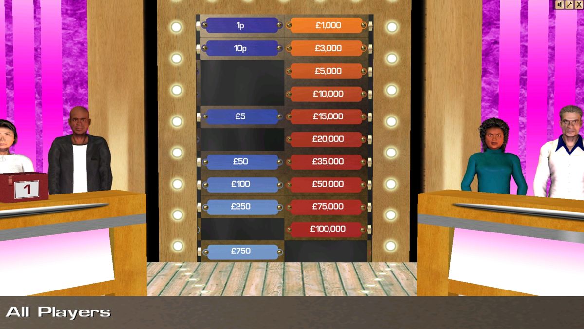 Deal or No Deal: The Official PC Game (Windows) screenshot: As with the live show the game board indicates which prizes are remaining